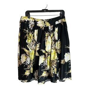 ANN TAYLOR LOFT Pleated Skirt Women's Size 12 Black Yellow Floral Print
